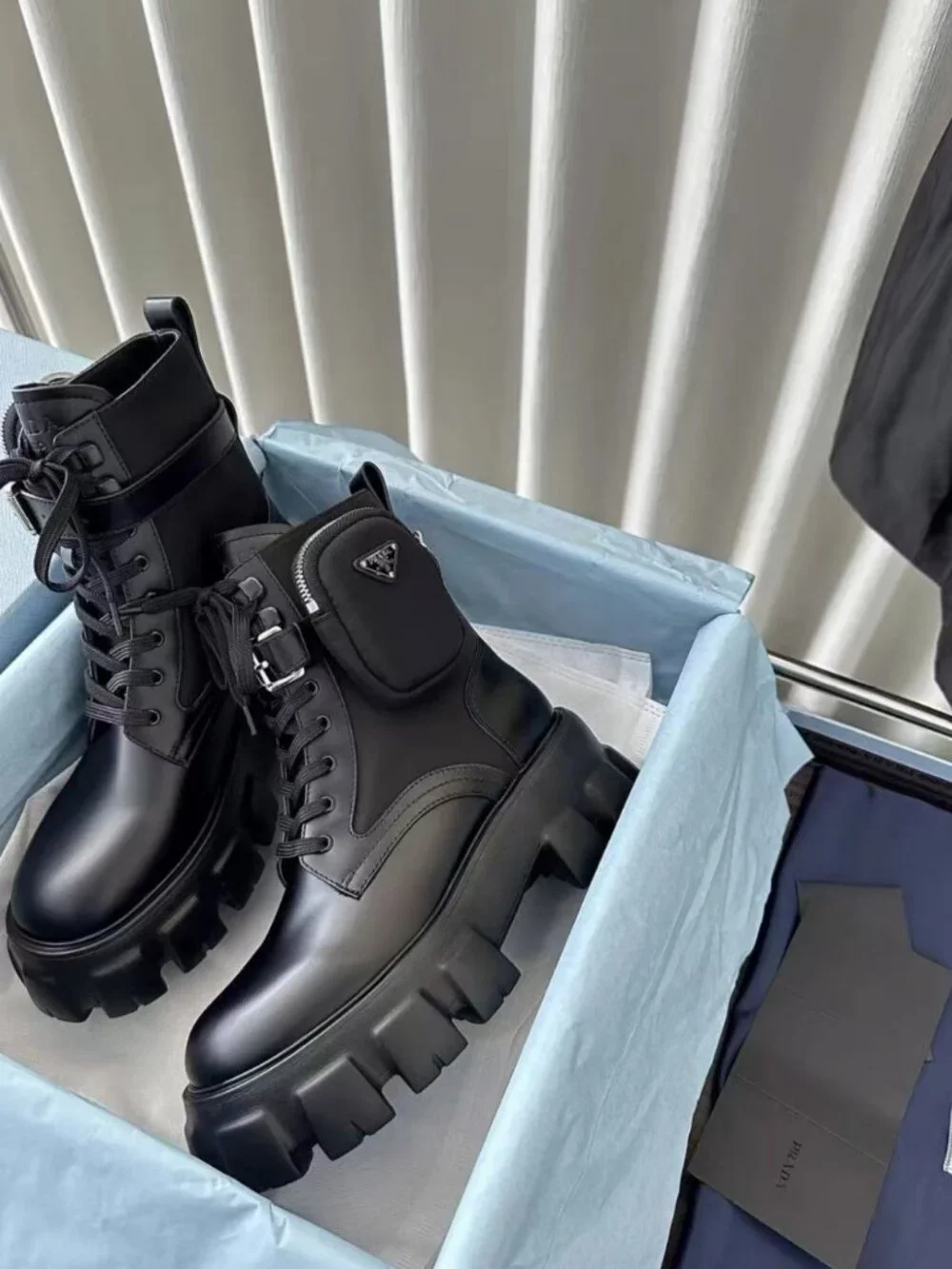 Prada Detachable Pocket Lug Sole Leather Combat Boots